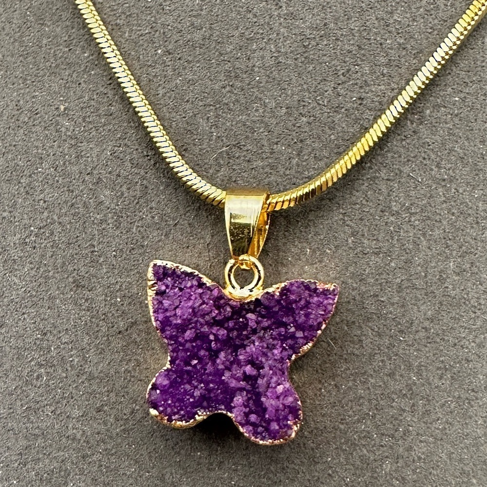 Purple Druzy Butterfly Pendant Necklace on Gold Stainless Steel Snake Chain
